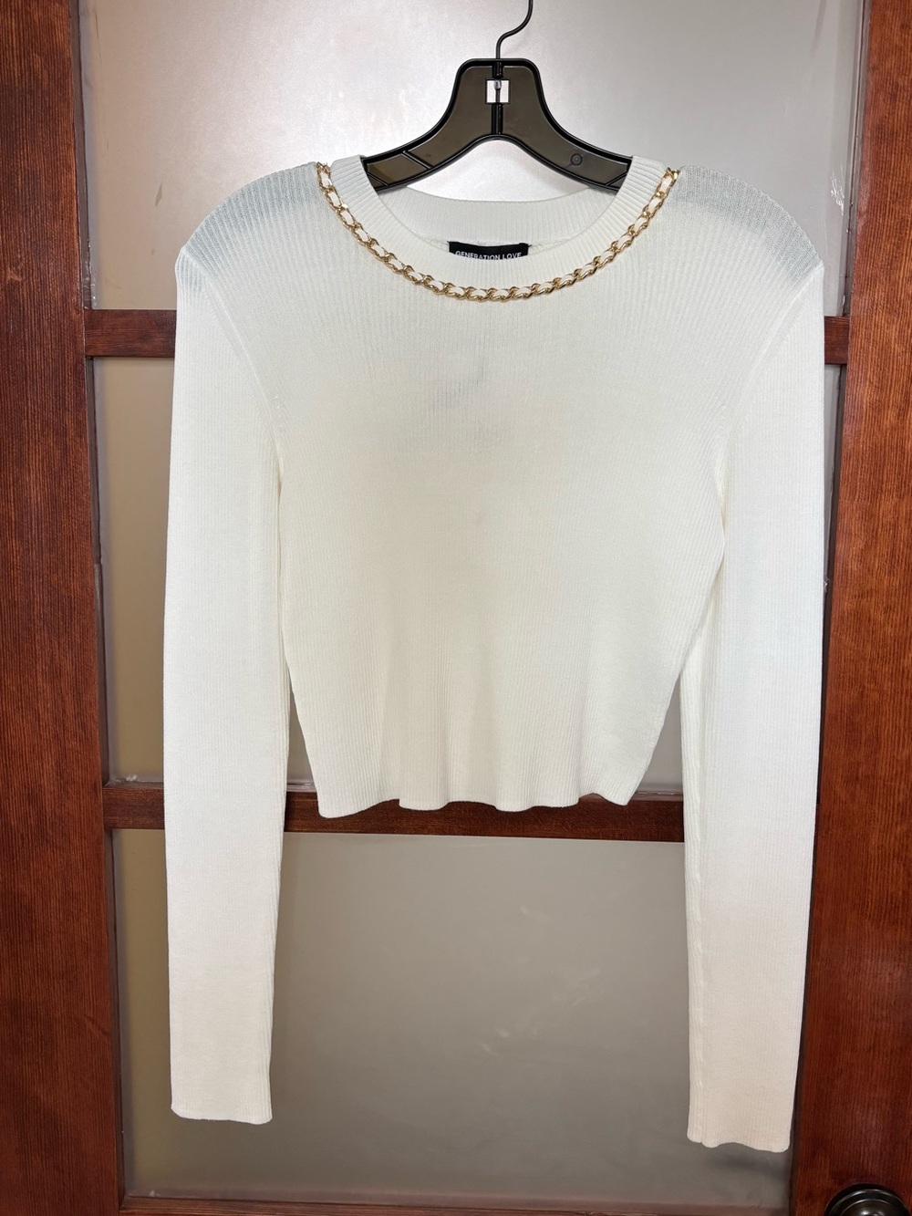 Generation Love White Ribbed Long-Sleeve Top with Gold Chain Trim
